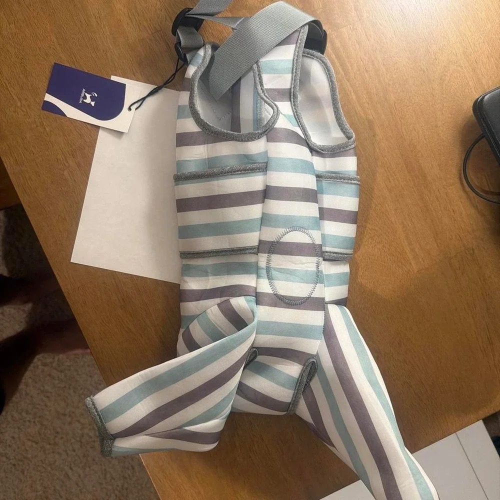 ARBLINA Dog Recovery Suit Striped Green Gray White Pet Outfit Small NWT
